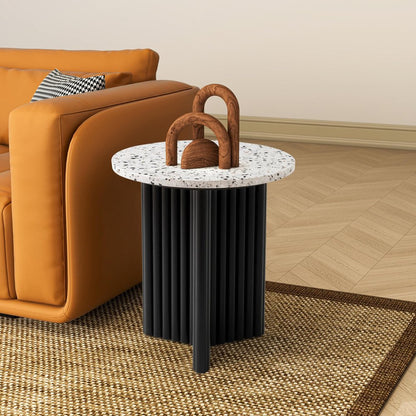 23" White and Black Faux Terrazzo and Wood Round Pedestal End Table HomeRoots