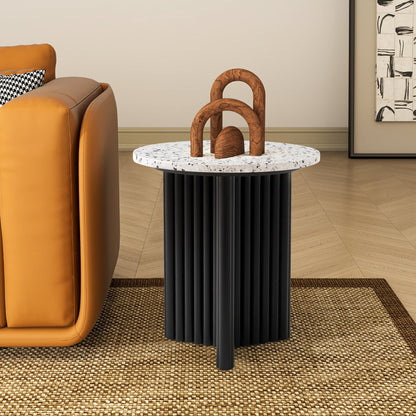 23" White and Black Faux Terrazzo and Wood Round Pedestal End Table HomeRoots