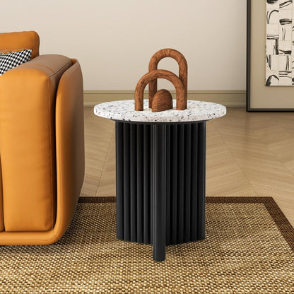23" White and Black Faux Terrazzo and Wood Round Pedestal End Table HomeRoots