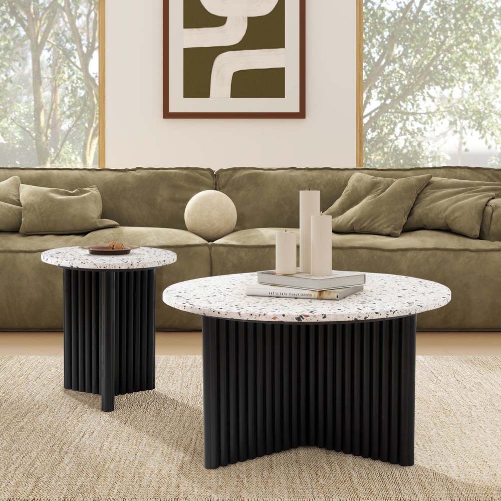 23" White and Black Faux Terrazzo and Wood Round Pedestal End Table HomeRoots