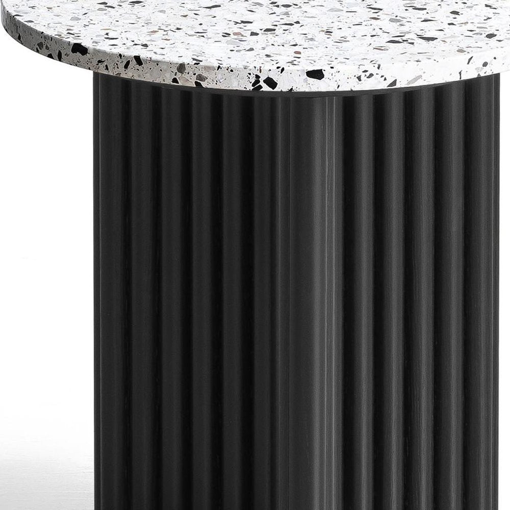 23" White and Black Faux Terrazzo and Wood Round Pedestal End Table HomeRoots