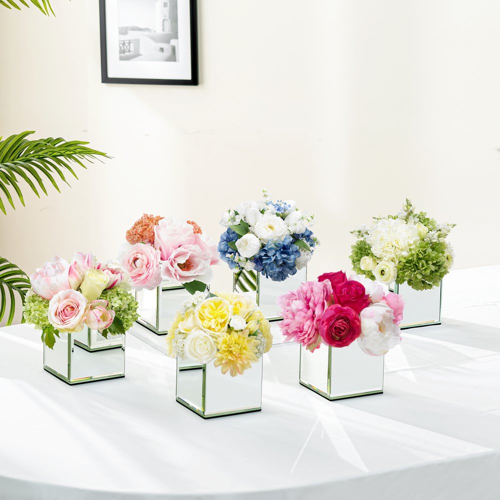 Set of Six Silver Mirrored Glass Square Table Vases HomeRoots
