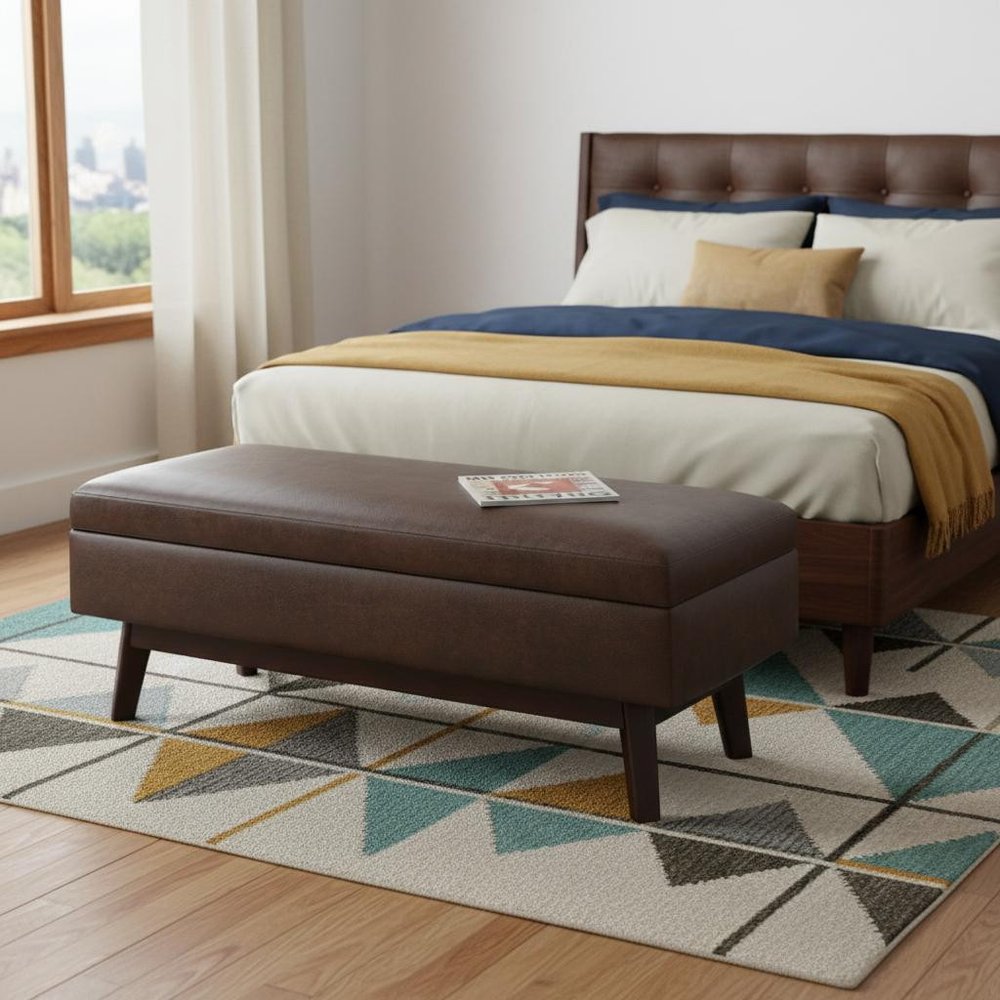 48" Chestnut And Brown Faux Leather Ottoman With Storage