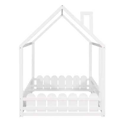 (Slats are not included) Full Size Wood Bed House Bed Frame with Fence for Kids Teens Girls Boys (White ) - FurniFindUSA