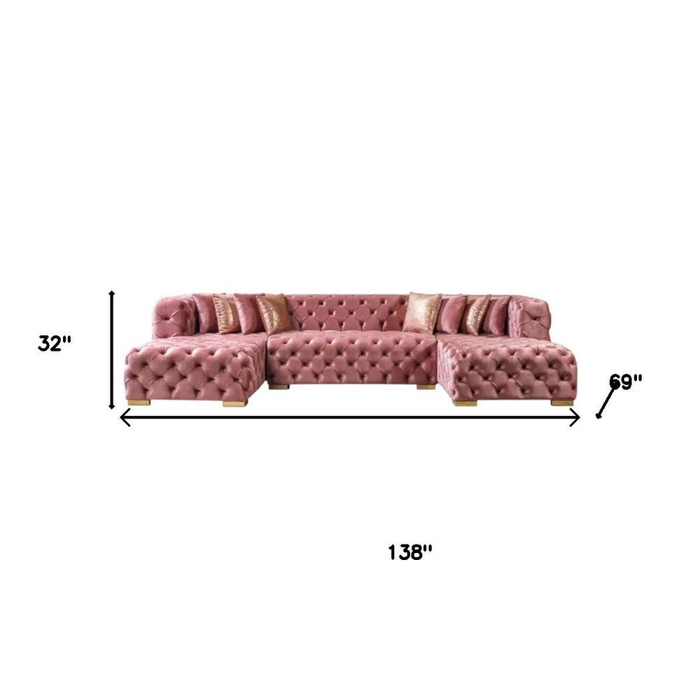 Tufted Pink Velvet Modular U Shaped Sofa and Chaise Sectional With Toss Pillows HomeRoots
