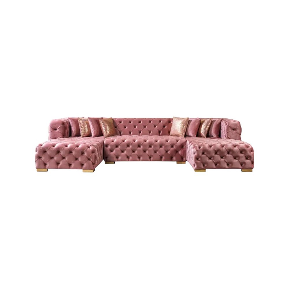 Tufted Pink Velvet Modular U Shaped Sofa and Chaise Sectional With Toss Pillows HomeRoots