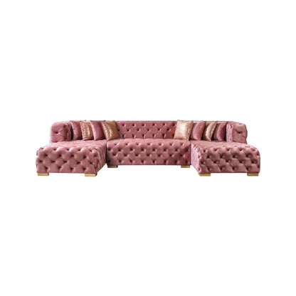 Tufted Pink Velvet Modular U Shaped Sofa and Chaise Sectional With Toss Pillows HomeRoots