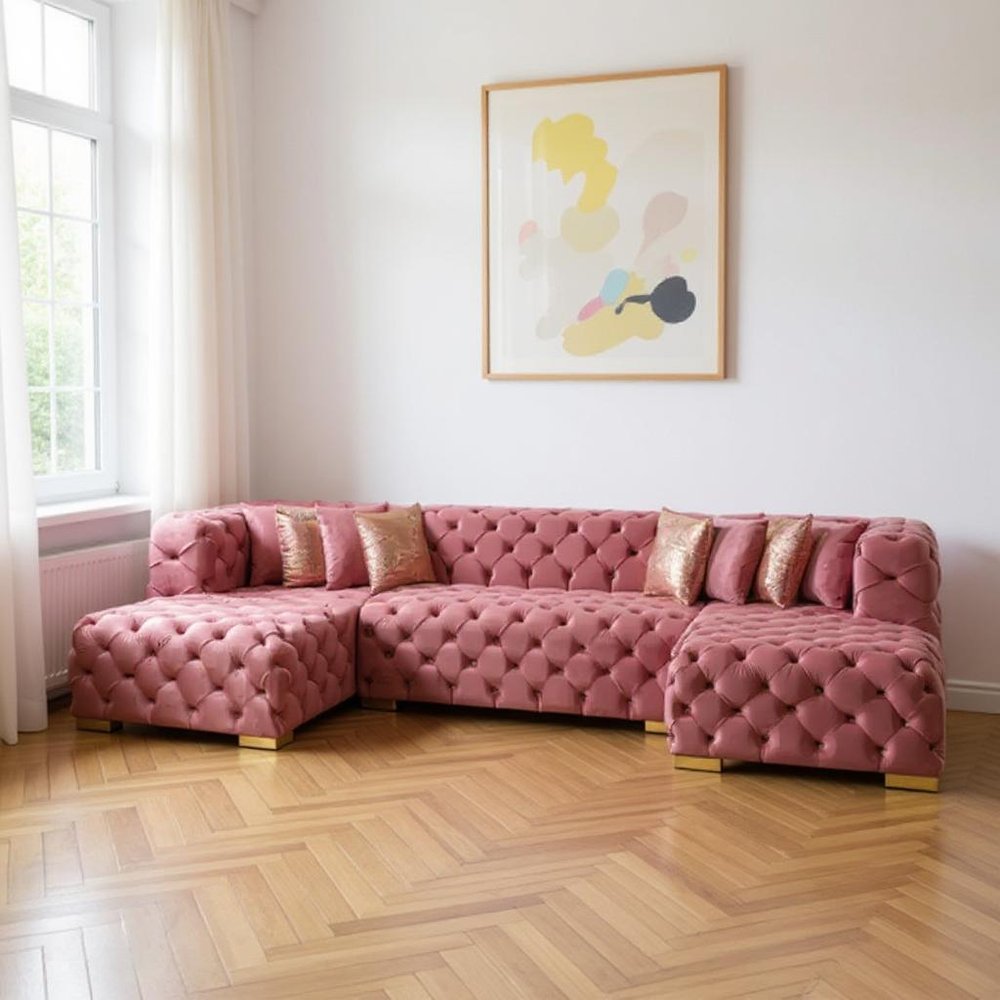 Tufted Pink Velvet Modular U Shaped Sofa and Chaise Sectional With Toss Pillows HomeRoots