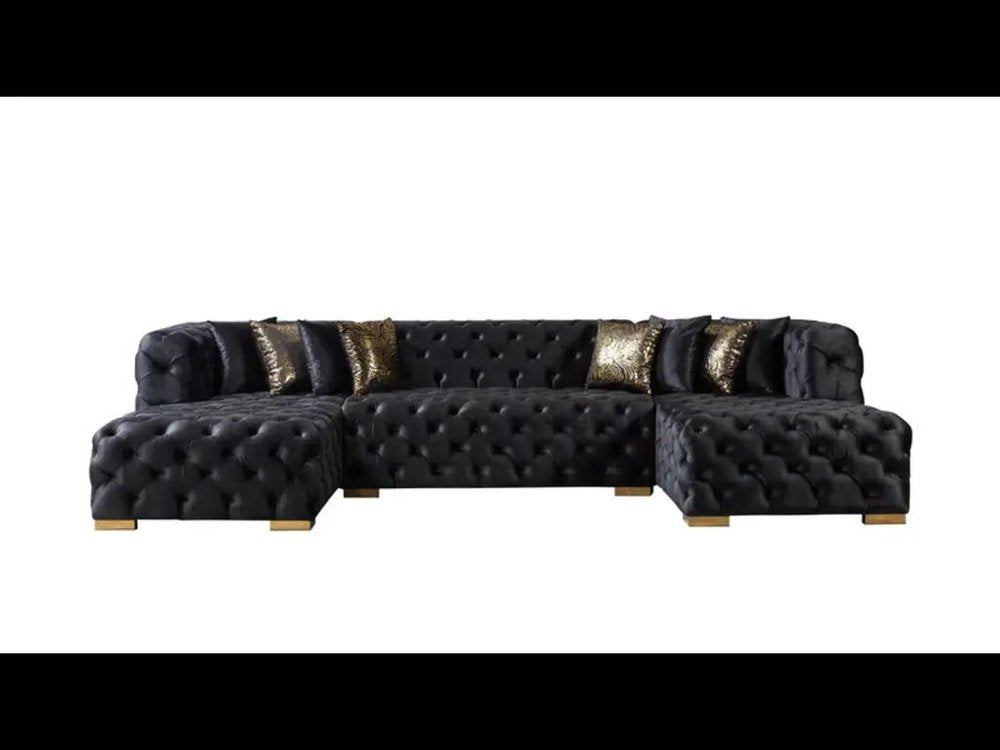 Tufted Black Velvet Modular U Shaped Sofa and Chaise Sectional With Toss Pillows HomeRoots