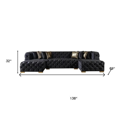 Tufted Black Velvet Modular U Shaped Sofa and Chaise Sectional With Toss Pillows HomeRoots