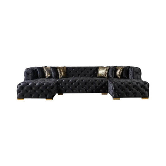 Tufted Black Velvet Modular U Shaped Sofa and Chaise Sectional With Toss Pillows HomeRoots