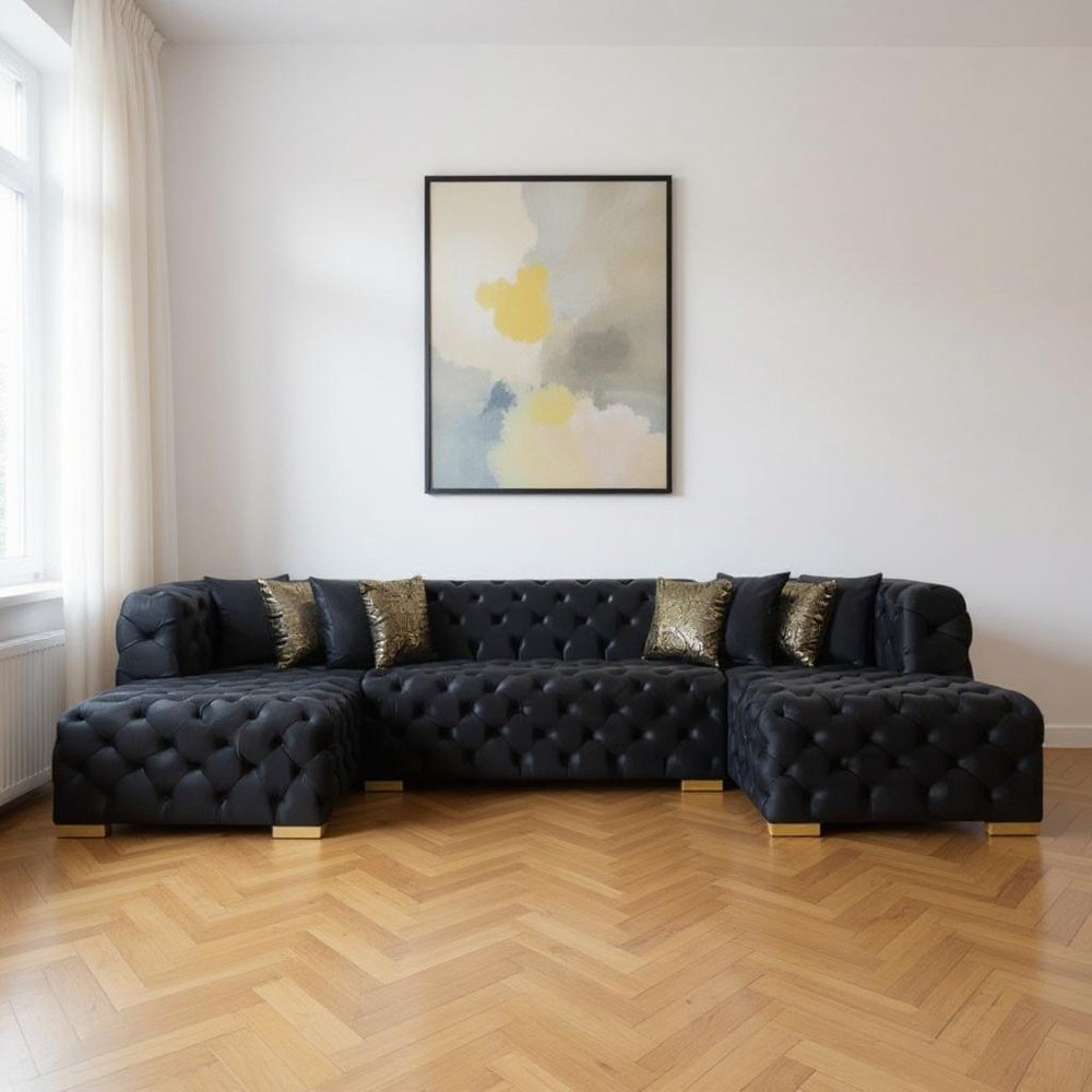 Tufted Black Velvet Modular U Shaped Sofa and Chaise Sectional With Toss Pillows HomeRoots