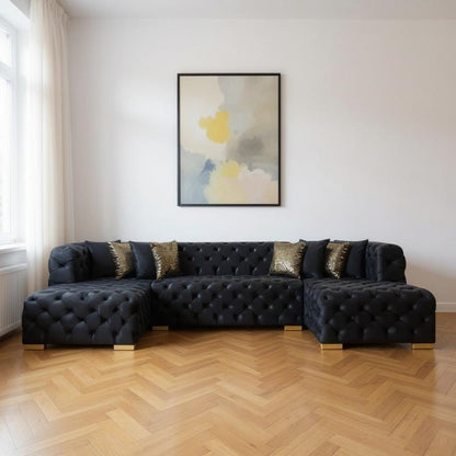 Tufted Black Velvet Modular U Shaped Sofa and Chaise Sectional With Toss Pillows HomeRoots