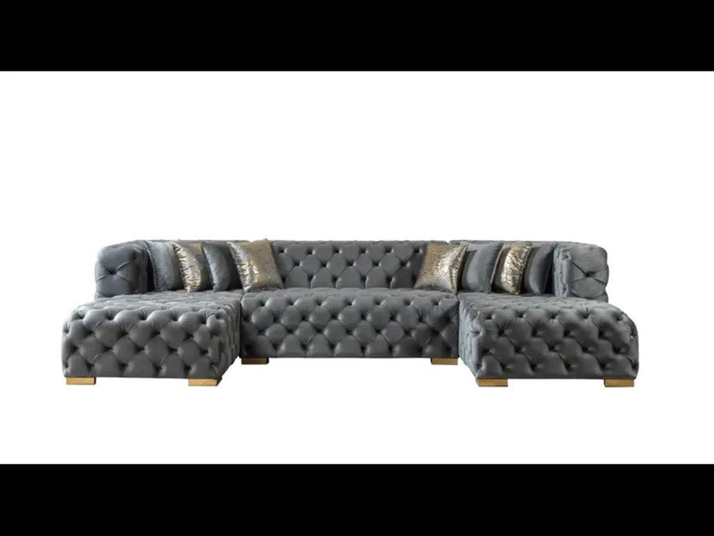Tufted Gray Velvet Modular U Shaped Sofa and Chaise Sectional With Toss Pillows HomeRoots