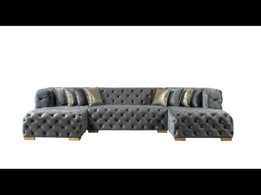 Tufted Gray Velvet Modular U Shaped Sofa and Chaise Sectional With Toss Pillows HomeRoots
