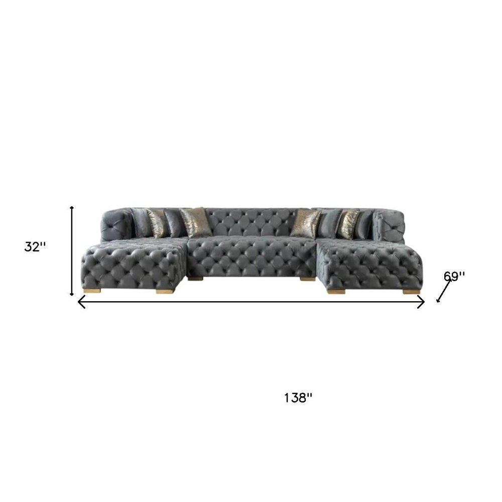 Tufted Gray Velvet Modular U Shaped Sofa and Chaise Sectional With Toss Pillows HomeRoots
