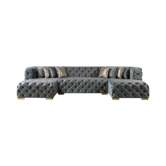 Tufted Gray Velvet Modular U Shaped Sofa and Chaise Sectional With Toss Pillows HomeRoots