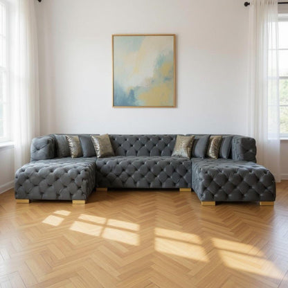 Tufted Gray Velvet Modular U Shaped Sofa and Chaise Sectional With Toss Pillows HomeRoots