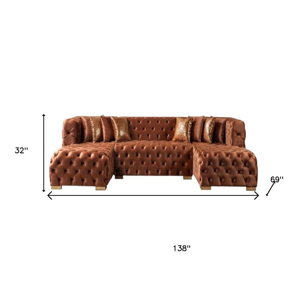 Tufted Orange Velvet Modular U Shaped Sofa and Chaise Sectional With Toss Pillows HomeRoots