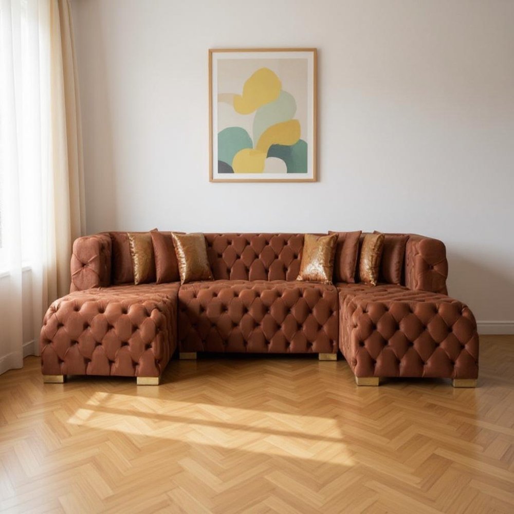 Tufted Orange Velvet Modular U Shaped Sofa and Chaise Sectional With Toss Pillows HomeRoots