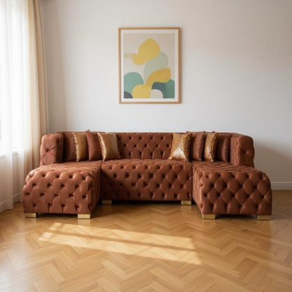 Tufted Orange Velvet Modular U Shaped Sofa and Chaise Sectional With Toss Pillows HomeRoots