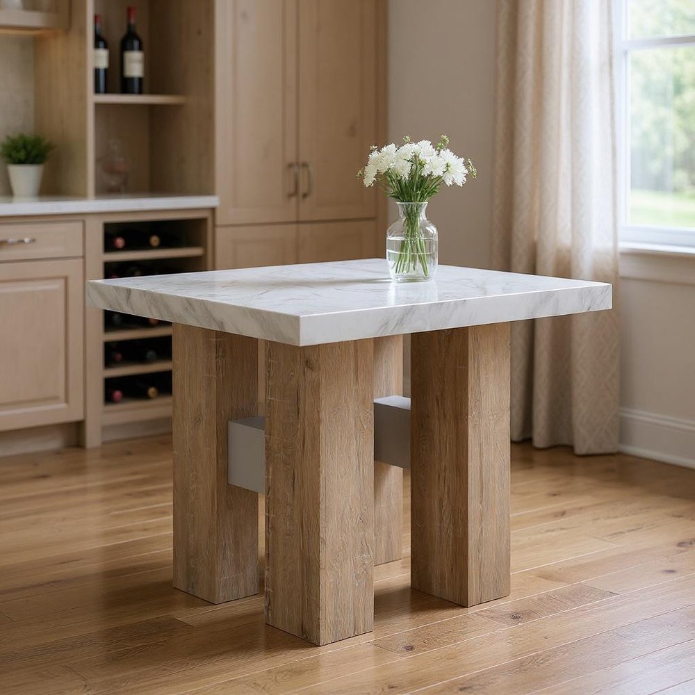 48" White and Natural Wood And Faux Marble Square Counter Height Bar Table HomeRoots