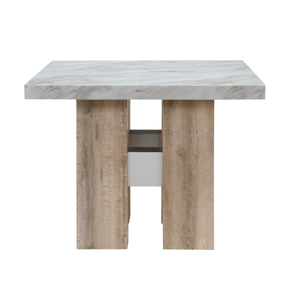 48" White and Natural Wood And Faux Marble Square Counter Height Bar Table HomeRoots