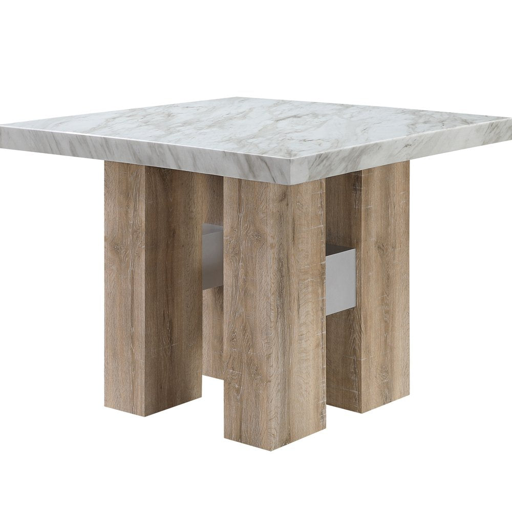 48" White and Natural Wood And Faux Marble Square Counter Height Bar Table HomeRoots