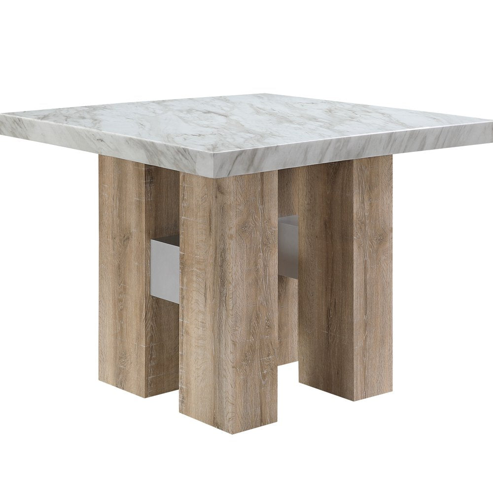 48" White and Natural Wood And Faux Marble Square Counter Height Bar Table HomeRoots