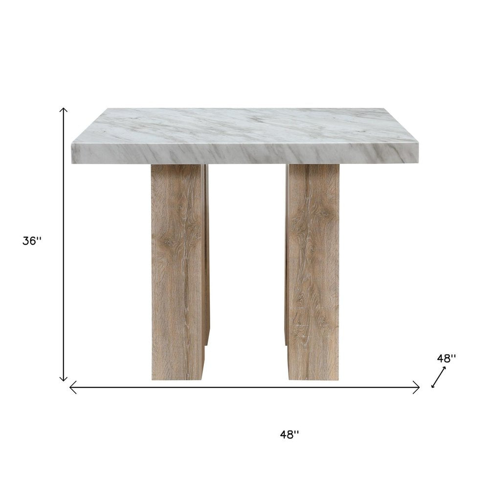48" White and Natural Wood And Faux Marble Square Counter Height Bar Table HomeRoots