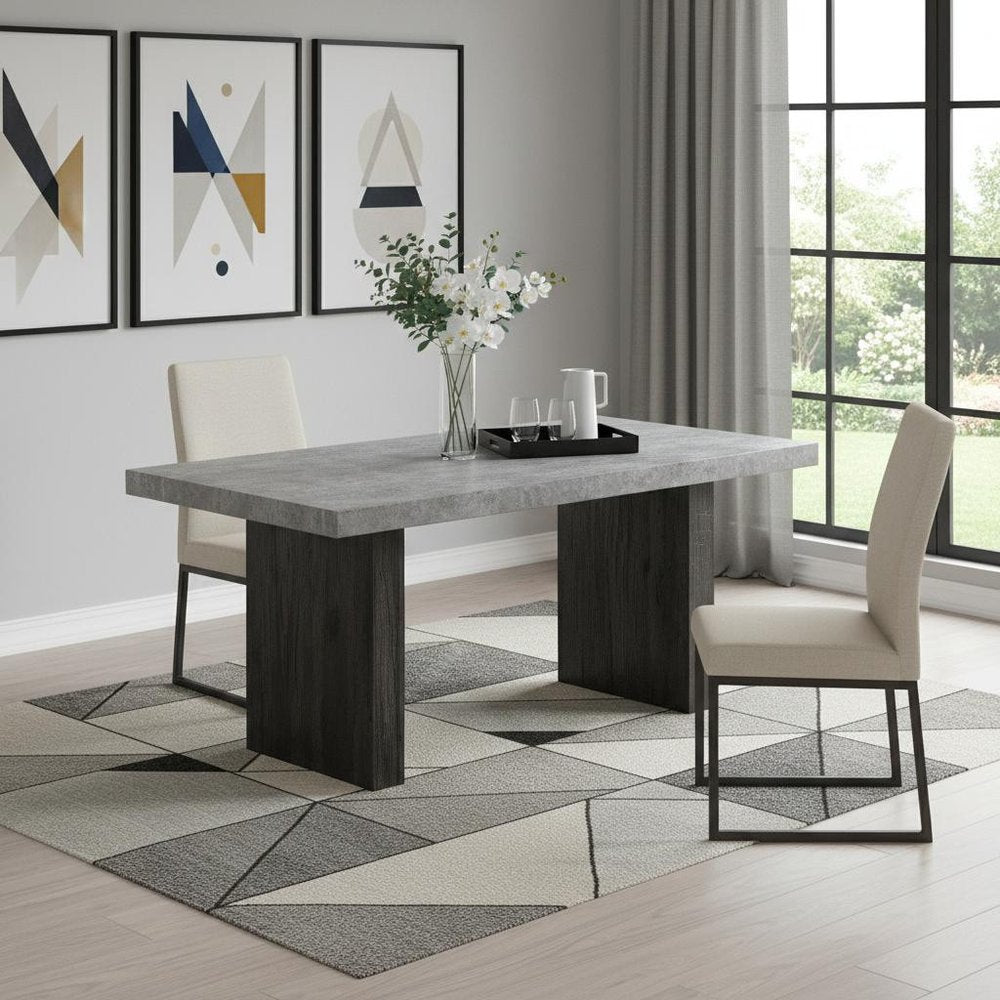 78" Gray and Dark Brown Faux Marble and Wood Double Pedestal Base Dining Table HomeRoots