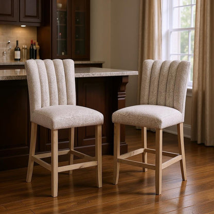 Set of Two 26" Beige And Natural Fabric And Wood Bar Height Bar Chairs HomeRoots