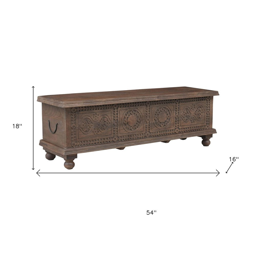 54" Brown Solid Wood Medallion Ottoman With Storage HomeRoots