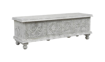 54" White Solid Wood Medallion Ottoman With Storage HomeRoots