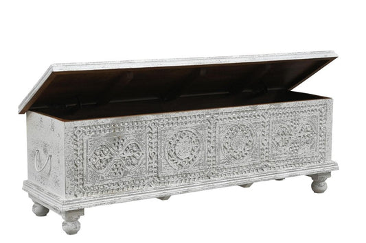 54" White Solid Wood Medallion Ottoman With Storage