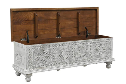 54" White Solid Wood Medallion Ottoman With Storage HomeRoots
