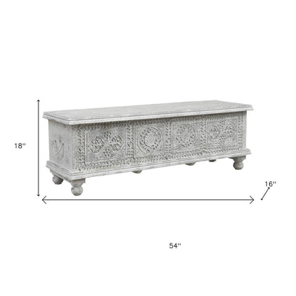 54" White Solid Wood Medallion Ottoman With Storage HomeRoots