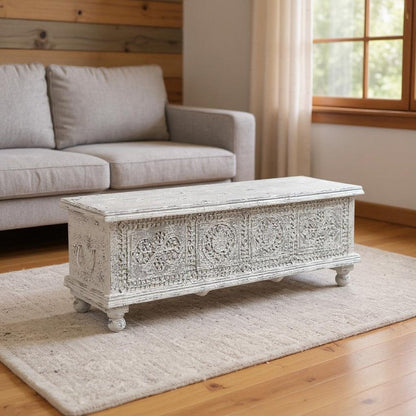54" White Solid Wood Medallion Ottoman With Storage HomeRoots