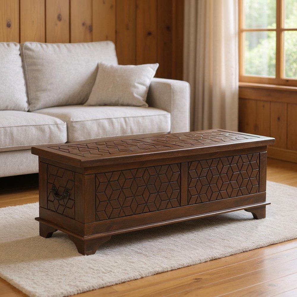 52" Brown Solid Wood Geometric Storage Ottoman HomeRoots