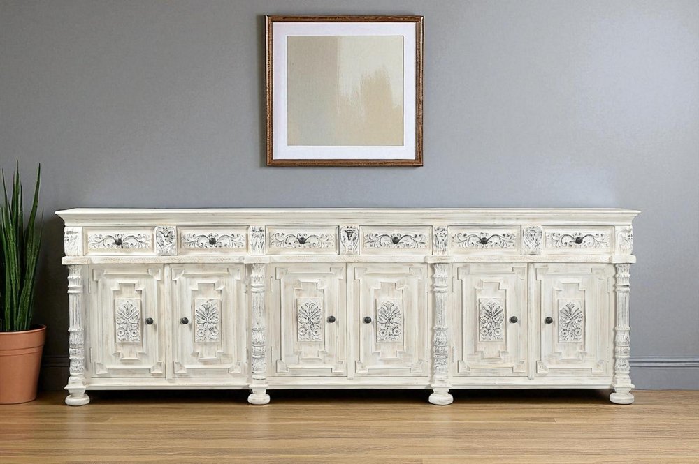 118" White Distressed Solid Wood Carved Floral Six Drawer Sideboard with Six Doors HomeRoots