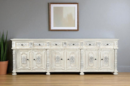 118" White Distressed Solid Wood Carved Floral Six Drawer Sideboard with Six Doors HomeRoots
