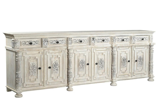 118" White Distressed Solid Wood Carved Floral Six Drawer Sideboard with Six Doors HomeRoots