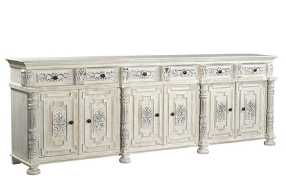 118" White Distressed Solid Wood Carved Floral Six Drawer Sideboard with Six Doors HomeRoots