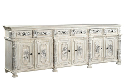 118" White Distressed Solid Wood Carved Floral Six Drawer Sideboard with Six Doors HomeRoots