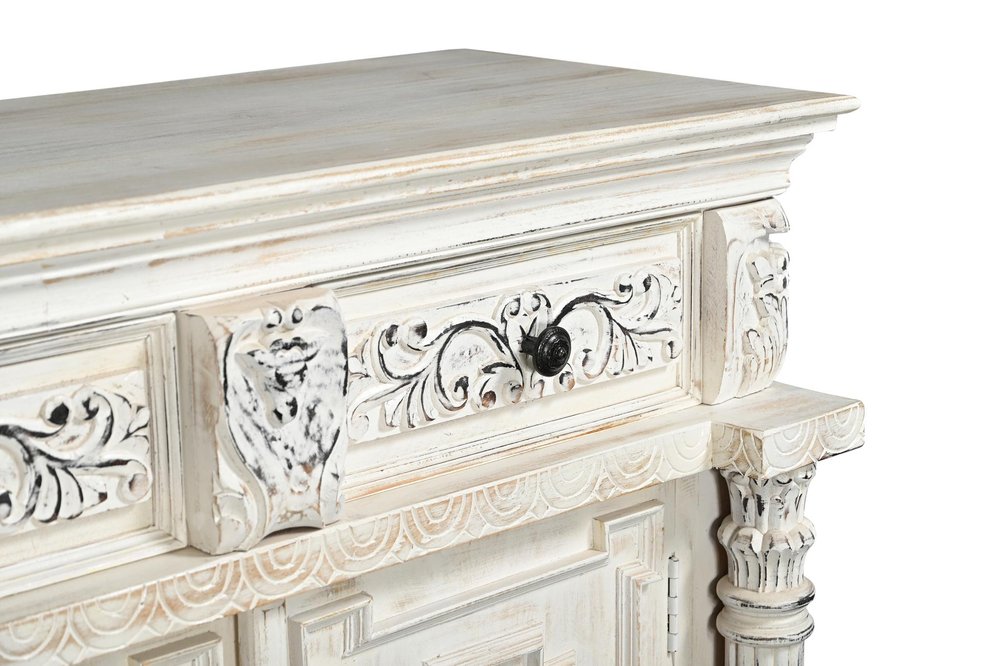 118" White Distressed Solid Wood Carved Floral Six Drawer Sideboard with Six Doors HomeRoots