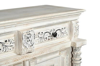 118" White Distressed Solid Wood Carved Floral Six Drawer Sideboard with Six Doors HomeRoots