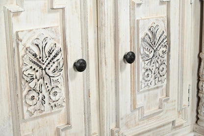 118" White Distressed Solid Wood Carved Floral Six Drawer Sideboard with Six Doors HomeRoots