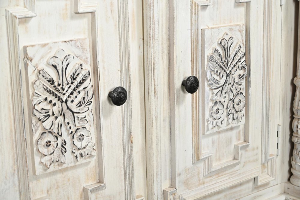118" White Distressed Solid Wood Carved Floral Six Drawer Sideboard with Six Doors HomeRoots