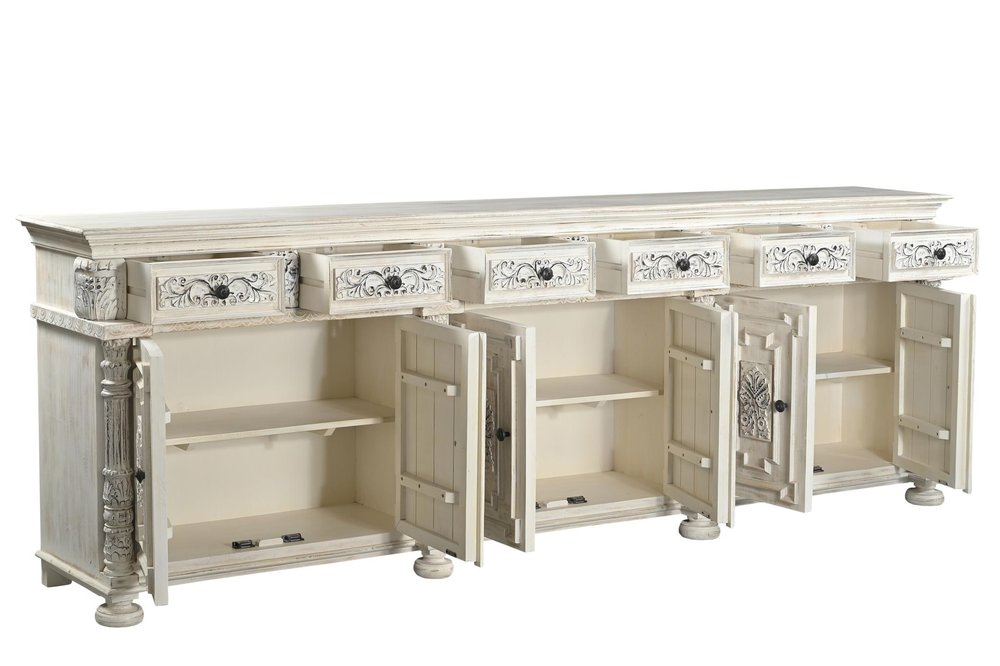 118" White Distressed Solid Wood Carved Floral Six Drawer Sideboard with Six Doors HomeRoots