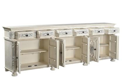 118" White Distressed Solid Wood Carved Floral Six Drawer Sideboard with Six Doors HomeRoots